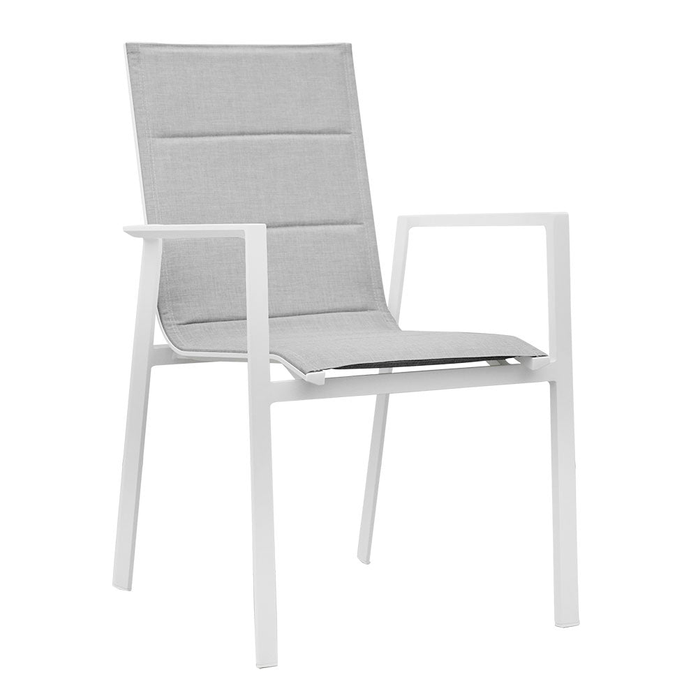 SILLA DE COMEDOR ISABELLE ALU BLANCO Y TEXTILENE GRIS CLARO.